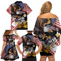 United States and American Samoa Together Family Matching Off Shoulder Short Dress and Hawaiian Shirt Bald Eagle and Polynesian Traditional Culture with Plumeria