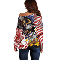 United States and American Samoa Together Off Shoulder Sweater Bald Eagle and Polynesian Traditional Culture with Plumeria