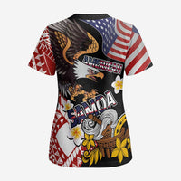 United States and American Samoa Together Scrub Top Bald Eagle and Polynesian Traditional Culture with Plumeria - Polynesian Pride