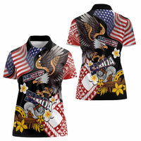 United States and American Samoa Together Women Polo Shirt Bald Eagle and Polynesian Traditional Culture with Plumeria