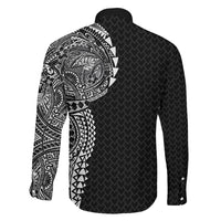Hawaiian Traditional Tattoos Family Matching Off The Shoulder Long Sleeve Dress and Hawaiian Shirt Kakau Tribal Tropical Plant Motif Black Color LT03 - Polynesian Pride