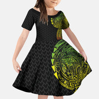 Hawaiian Traditional Tattoos Family Matching Short Sleeve Bodycon Dress and Hawaiian Shirt Kakau Tribal Tropical Plant Motif Kanaka Maoli Flag Color Inspired LT03 Daughter's Dress Multicolor - Polynesian Pride