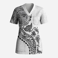 Hawaiian Kakau Tribal Sea Animals Tattoos Scrub Top White Color