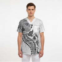 Hawaiian Kakau Tribal Sea Animals Tattoos Scrub Top White Color