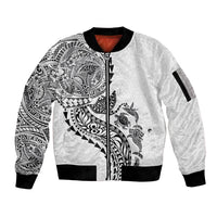 Hawaiian Kakau Tribal Sea Animals Tattoos Sleeve Zip Bomber Jacket White Color LT03 Unisex White - Polynesian Pride
