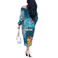Personalised Tuvalu Independence Day Off The Shoulder Long Sleeve Dress Tuvaluan Tribal Flag Style LT03 - Polynesian Pride