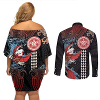 Hawaii and Japanese Together Couples Matching Off Shoulder Short Dress and Long Sleeve Button Shirt Koi Fish and Kakau Pattern