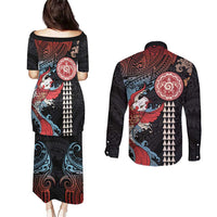 Hawaii and Japanese Together Couples Matching Puletasi and Long Sleeve Button Shirt Koi Fish and Kakau Pattern