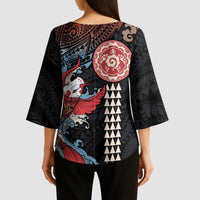 Hawaii and Japanese Together Kimono Sleeve Blouse Koi Fish and Kakau Pattern - Polynesian Pride
