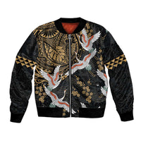 Hawaii and Japanese Together Bomber Jacket Cranes Birds with Kakau Pattern LT03 Unisex Black - Polynesian Pride