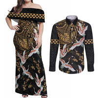 Hawaii and Japanese Together Couples Matching Off Shoulder Maxi Dress and Long Sleeve Button Shirt Cranes Birds with Kakau Pattern