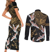 Hawaii and Japanese Together Couples Matching Short Sleeve Bodycon Dress and Long Sleeve Button Shirt Cranes Birds with Kakau Pattern