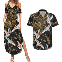 Hawaii and Japanese Together Couples Matching Summer Maxi Dress and Hawaiian Shirt Cranes Birds with Kakau Pattern