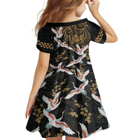 Hawaii and Japanese Together Family Matching Long Sleeve Bodycon Dress and Hawaiian Shirt Cranes Birds with Kakau Pattern LT03 - Polynesian Pride