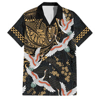 Hawaii and Japanese Together Family Matching Long Sleeve Bodycon Dress and Hawaiian Shirt Cranes Birds with Kakau Pattern LT03 Dad's Shirt - Short Sleeve Black - Polynesian Pride