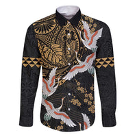Hawaii and Japanese Together Family Matching Mermaid Dress and Hawaiian Shirt Cranes Birds with Kakau Pattern LT03 Dad's Shirt - Long Sleeve Black - Polynesian Pride