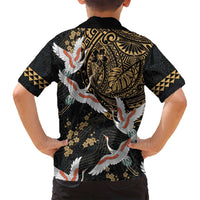Hawaii and Japanese Together Family Matching Off Shoulder Short Dress and Hawaiian Shirt Cranes Birds with Kakau Pattern LT03 - Polynesian Pride