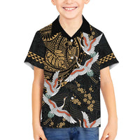 Hawaii and Japanese Together Family Matching Off Shoulder Short Dress and Hawaiian Shirt Cranes Birds with Kakau Pattern LT03 Son's Shirt Black - Polynesian Pride