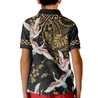 Hawaii and Japanese Together Kid Polo Shirt Cranes Birds with Kakau Pattern