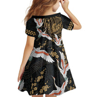 Hawaii and Japanese Together Kid Short Sleeve Dress Cranes Birds with Kakau Pattern