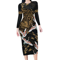 Hawaii and Japanese Together Long Sleeve Bodycon Dress Cranes Birds with Kakau Pattern LT03 Long Dress Black - Polynesian Pride
