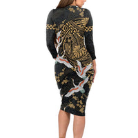 Hawaii and Japanese Together Long Sleeve Bodycon Dress Cranes Birds with Kakau Pattern LT03 - Polynesian Pride