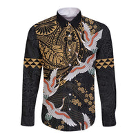 Hawaii and Japanese Together Long Sleeve Button Shirt Cranes Birds with Kakau Pattern
