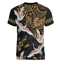 Hawaii and Japanese Together Women V-Neck T-Shirt Cranes Birds with Kakau Pattern LT03 - Polynesian Pride