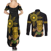 Hawaii and Philippines Together Couples Matching Summer Maxi Dress and Long Sleeve Button Shirt Warrior Tiki Mask and Filipino Sun Polynesian Style