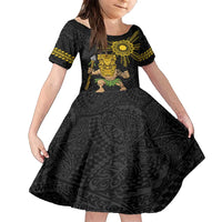 Hawaii and Philippines Together Family Matching Long Sleeve Bodycon Dress and Hawaiian Shirt Warrior Tiki Mask and Filipino Sun Polynesian Style LT03 Daughter's Dress Black - Polynesian Pride