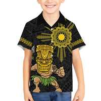 Hawaii and Philippines Together Family Matching Off Shoulder Short Dress and Hawaiian Shirt Warrior Tiki Mask and Filipino Sun Polynesian Style LT03 Son's Shirt Black - Polynesian Pride