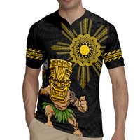 Hawaii and Philippines Together Rugby Jersey Warrior Tiki Mask and Filipino Sun Polynesian Style