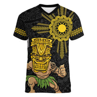 Hawaii and Philippines Together Women V-Neck T-Shirt Warrior Tiki Mask and Filipino Sun Polynesian Style