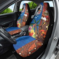 Fiji and Australia Together Car Seat Cover Fijian Tapa Plants with Kangaroo and Aboriginal - Polynesian Pride