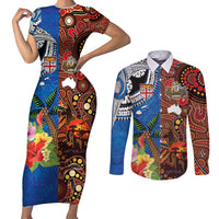 Fiji and Australia Together Couples Matching Short Sleeve Bodycon Dress and Long Sleeve Button Shirt Fijian Tapa Plants with Kangaroo and Aboriginal - Polynesian Pride