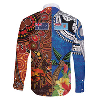 Fiji and Australia Together Family Matching Short Sleeve Bodycon Dress and Hawaiian Shirt Fijian Tapa Plants with Kangaroo and Aboriginal - Polynesian Pride