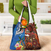 Fiji and Australia Together Grocery Bag Fijian Tapa Plants with Kangaroo and Aboriginal - Polynesian Pride