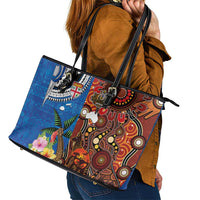 Fiji and Australia Together Leather Tote Bag Fijian Tapa Plants with Kangaroo and Aboriginal LT03 - Polynesian Pride