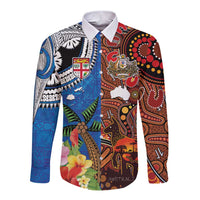 Fiji and Australia Together Long Sleeve Button Shirt Fijian Tapa Plants with Kangaroo and Aboriginal - Polynesian Pride