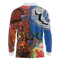 Fiji and Australia Together Long Sleeve Polo Shirt Fijian Tapa Plants with Kangaroo and Aboriginal - Polynesian Pride