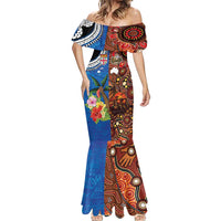 Fiji and Australia Together Mermaid Dress Fijian Tapa Plants with Kangaroo and Aboriginal - Polynesian Pride