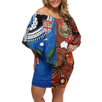 Fiji and Australia Together Off Shoulder Short Dress Fijian Tapa Plants with Kangaroo and Aboriginal - Polynesian Pride
