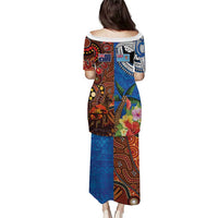 Fiji and Australia Together Puletasi Fijian Tapa Plants with Kangaroo and Aboriginal - Polynesian Pride