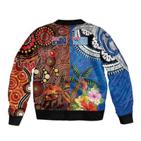 Fiji and Australia Together Sleeve Zip Bomber Jacket Fijian Tapa Plants with Kangaroo and Aboriginal LT03 - Polynesian Pride