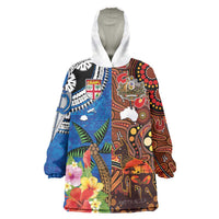 Fiji and Australia Together Wearable Blanket Hoodie Fijian Tapa Plants with Kangaroo and Aboriginal - Polynesian Pride