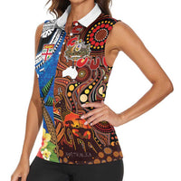 Fiji and Australia Together Women Sleeveless Polo Shirt Fijian Tapa Plants with Kangaroo and Aboriginal - Polynesian Pride
