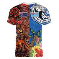 Fiji and Australia Together Women V-Neck T-Shirt Fijian Tapa Plants with Kangaroo and Aboriginal - Polynesian Pride