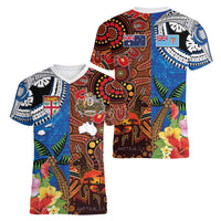 Fiji and Australia Together Women V-Neck T-Shirt Fijian Tapa Plants with Kangaroo and Aboriginal - Polynesian Pride