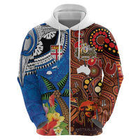 Fiji and Australia Together Zip Hoodie Fijian Tapa Plants with Kangaroo and Aboriginal - Polynesian Pride