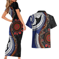 Fiji and Australia Together Couples Matching Short Sleeve Bodycon Dress and Hawaiian Shirt Kangaroo Aboriginal with Tribal Tapa Hibiscus Half Style - Polynesian Pride